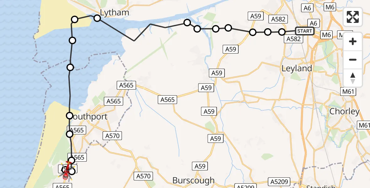 Flight route Air Ambulance Helicopter Lostock Hall - West Lancashire, 25 June 2026, 10:15