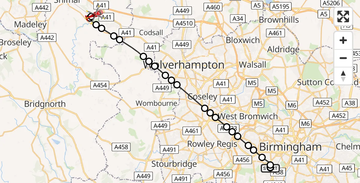 Flight route Air Ambulance Helicopter Queen Elizabeth Hospital Helipad - Cosford, 25 June 2026, 10:19
