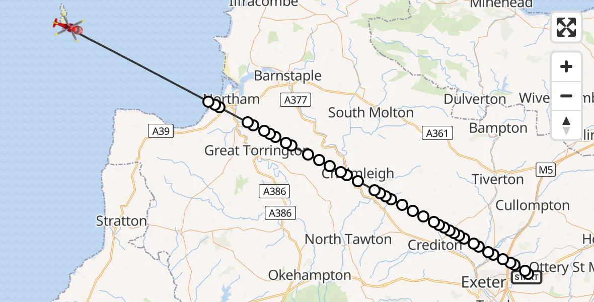 Flight route Air Ambulance Helicopter Exeter International Airport - Bristol Channel, 25 June 2026, 10:23