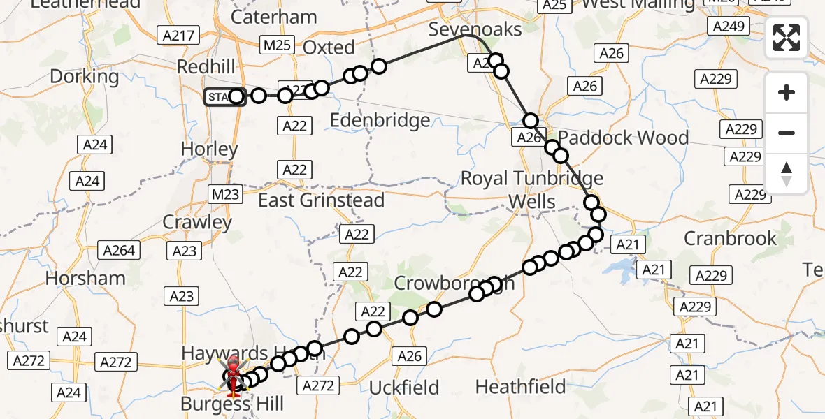 Flight route Air Ambulance Helicopter Redhill Aerodrome - Burgess Hill, 25 June 2026, 10:24