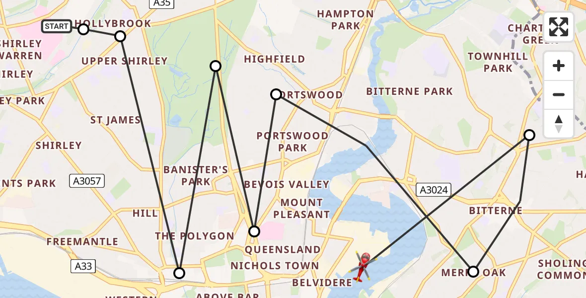 Flight route Air Ambulance Helicopter University Hospital Southampton - Southampton, 25 June 2026, 10:46