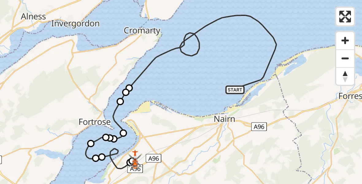 Flight route Coastguard Helicopter North Sea - Inverness Airport, 25 June 2026, 10:50