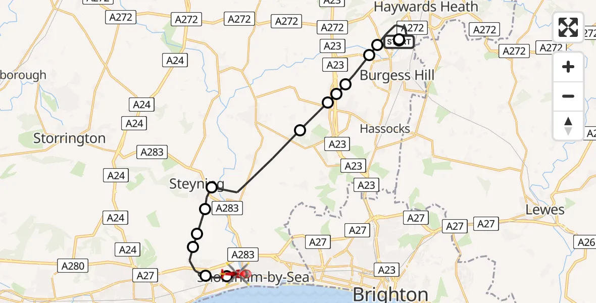 Flight route Air Ambulance Helicopter Mid Sussex - Brighton City Airport, 25 June 2026, 10:52