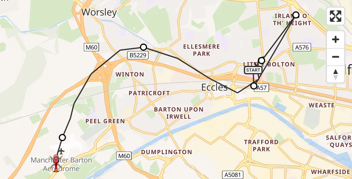 Flight route Air Ambulance Helicopter Eccles - Manchester Barton Aerodrome, 25 June 2026, 10:58