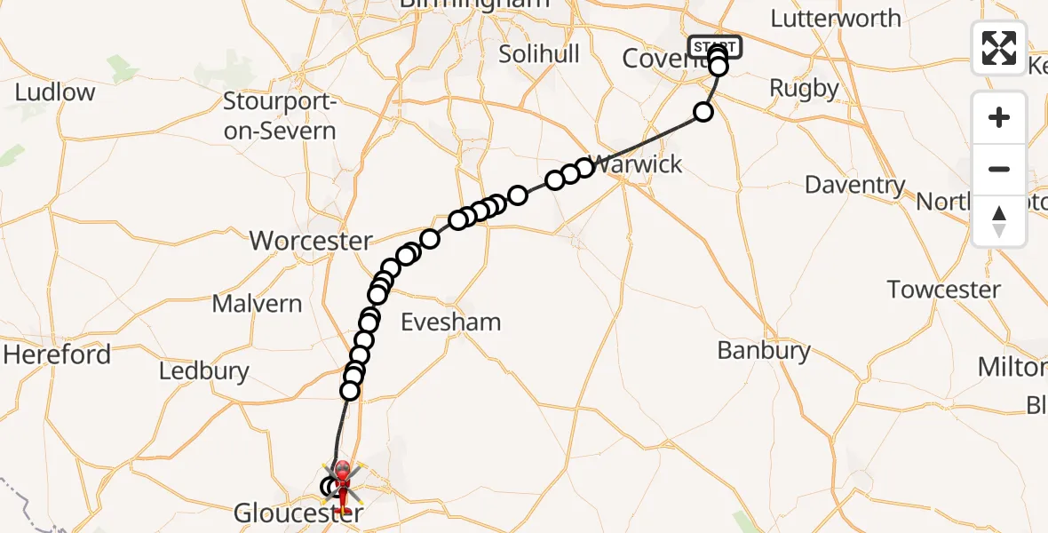 Flight route Air Ambulance Helicopter University Hospital Coventry - Gloucestershire Airport, 25 June 2026, 11:00