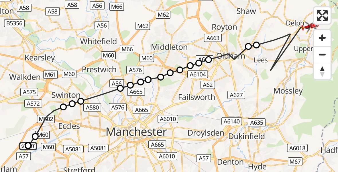 Flight route Air Ambulance Helicopter Manchester Barton Aerodrome - Oldham, 25 June 2026, 11:08