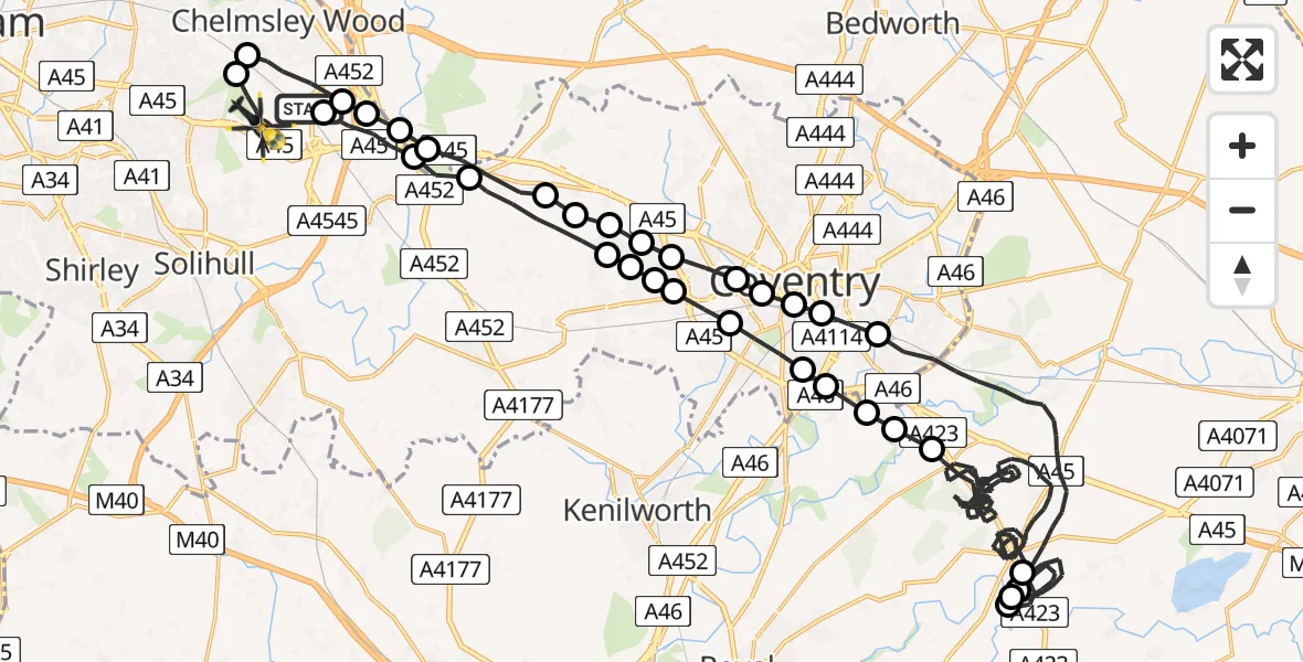 Flight route Police Helicopter Birmingham Airport - Birmingham Airport, 25 June 2026, 11:19