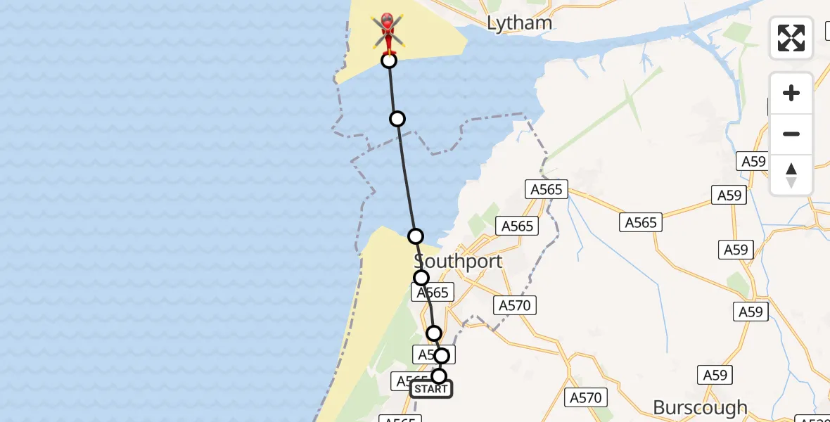 Flight route Air Ambulance Helicopter West Lancashire - Fylde, 25 June 2026, 11:25