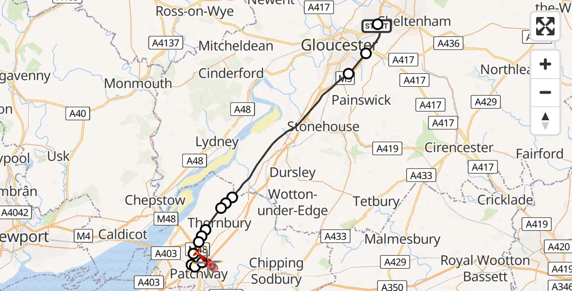 Flight route Air Ambulance Helicopter Gloucestershire Airport - Almondsbury Helicopter Base, 25 June 2026, 11:29