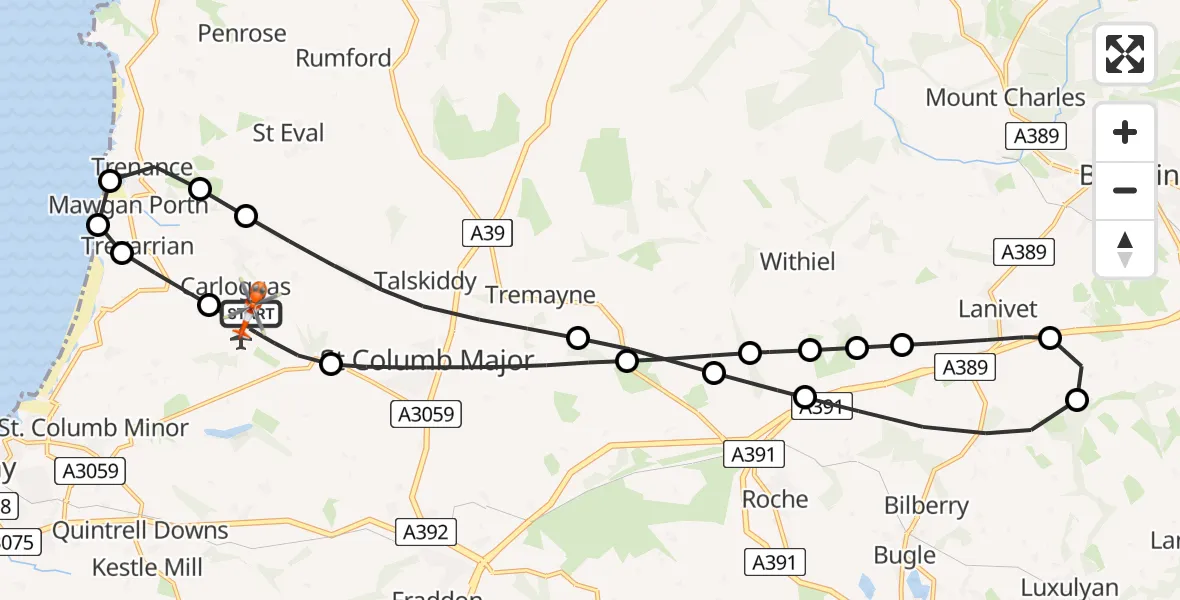 Flight route Coastguard Helicopter Cornwall Airport Newquay - Cornwall Airport Newquay, 25 June 2026, 11:30