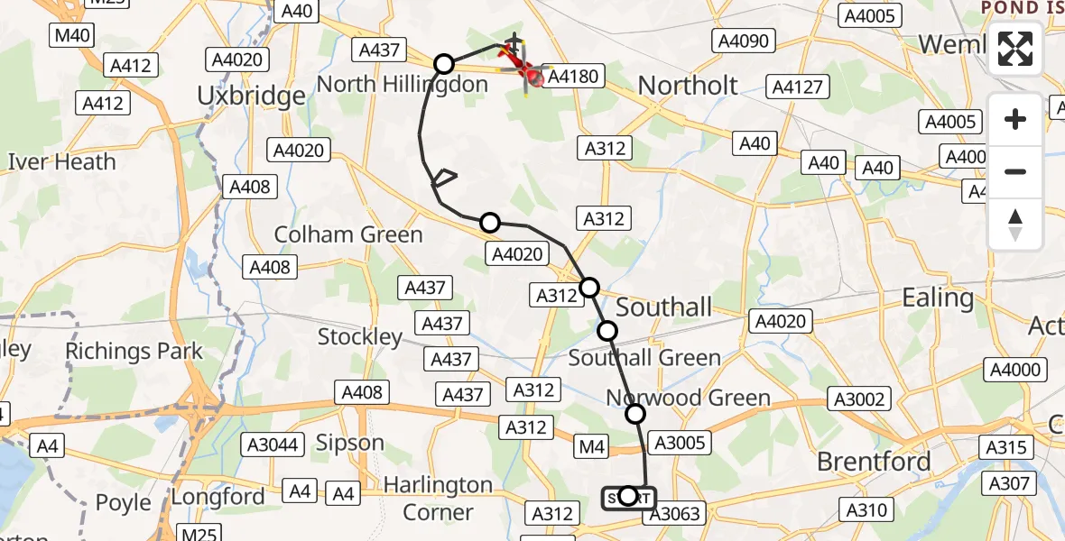 Flight route Air Ambulance Helicopter Hounslow - RAF Northolt, 25 June 2026, 11:32