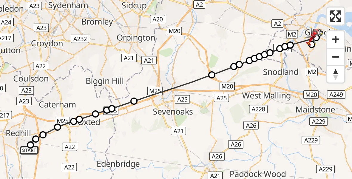 Flight route Air Ambulance Helicopter Redhill Aerodrome - Rochester, 25 June 2026, 11:39