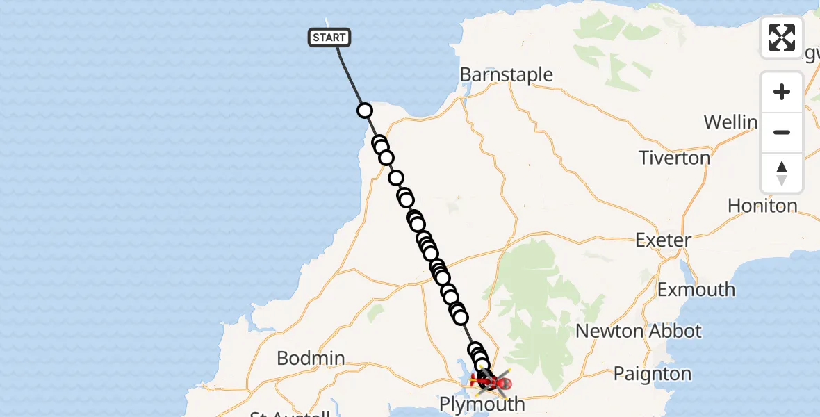 Flight route Air Ambulance Helicopter Bristol Channel - Derriford Hospital, 25 June 2026, 11:41