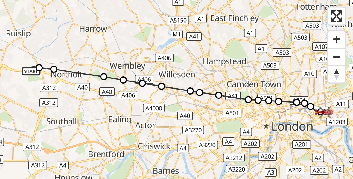 Flight route Air Ambulance Helicopter RAF Northolt - Royal London Hospital, 25 June 2026, 12:00