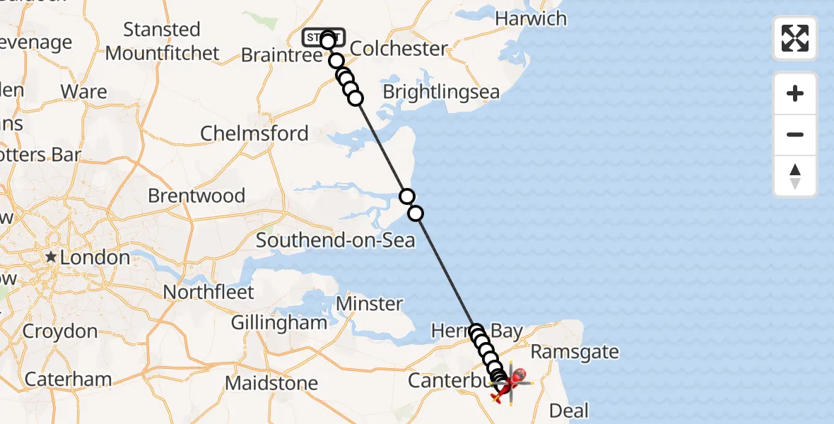 Flight route Air Ambulance Helicopter Earls Colne Airfield - Dover, 25 June 2026, 12:17