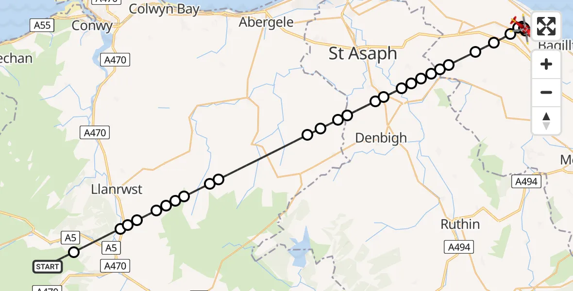 Flight route Air Ambulance Helicopter Capel Curig - Bryn Celyn, 25 June 2026, 12:18
