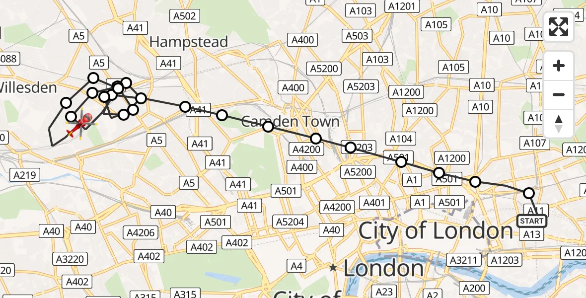 Flight route Air Ambulance Helicopter Royal London Hospital - Brondesbury, 25 June 2026, 12:20