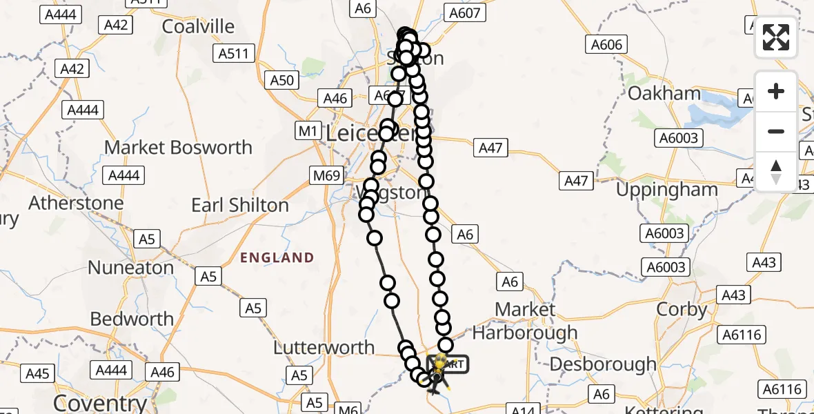 Flight route Police Helicopter Husbands Bosworth Airfield - Welford, 25 June 2026, 12:52