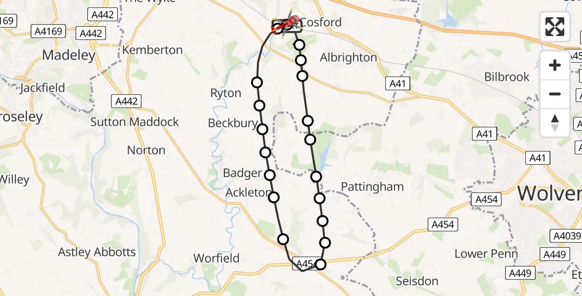 Flight route Air Ambulance Helicopter RAF Cosford - Cosford, 25 June 2026, 12:53