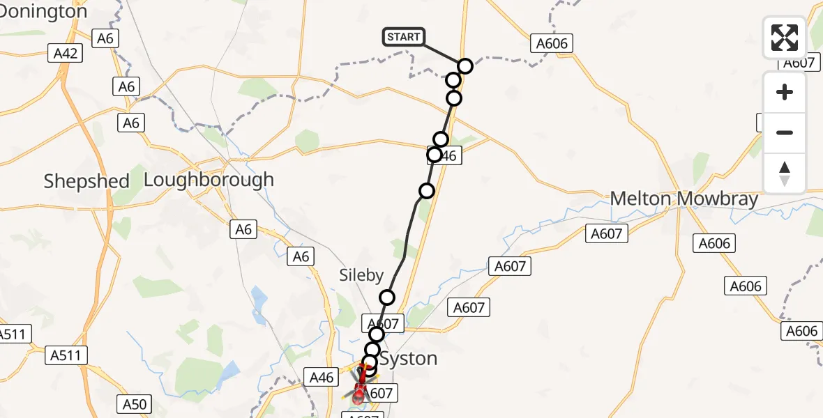 Flight route Air Ambulance Helicopter Willoughby on the Wolds - Thurmaston, 25 June 2026, 12:53