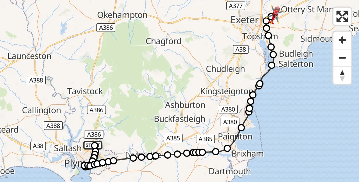 Flight route Air Ambulance Helicopter Derriford Hospital - Exeter International Airport, 25 June 2026, 12:53