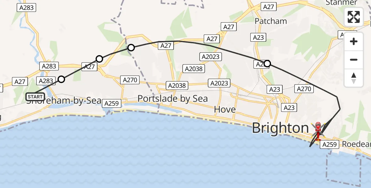 Flight route Air Ambulance Helicopter Brighton City Airport - Brighton, 25 June 2026, 12:54