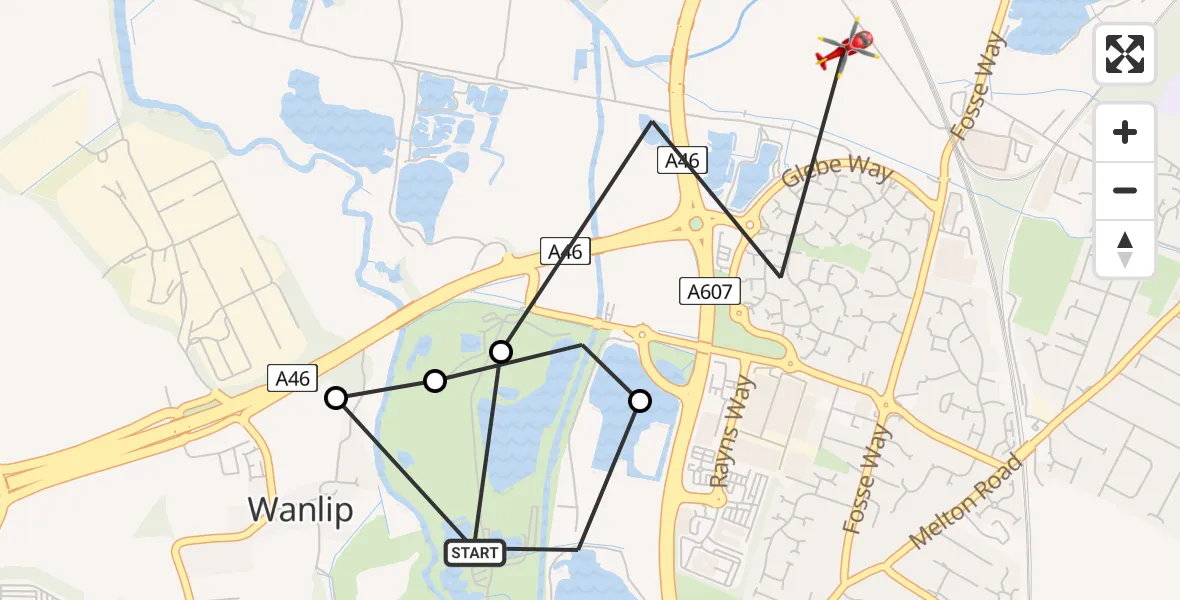 Flight route Air Ambulance Helicopter Wanlip - Wanlip, 25 June 2026, 13:01