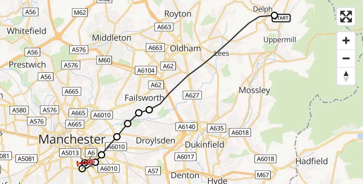 Flight route Air Ambulance Helicopter Oldham - Chorlton-on-Medlock, 25 June 2026, 13:03