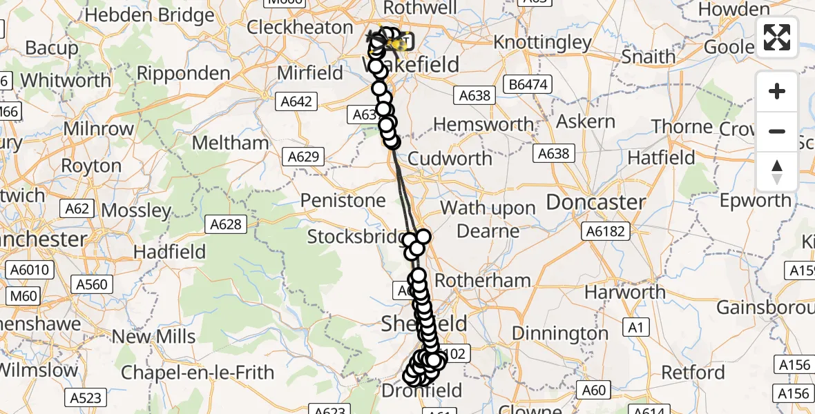 Flight route Police Helicopter Wrenthorpe - East Ardsley, 25 June 2026, 13:16