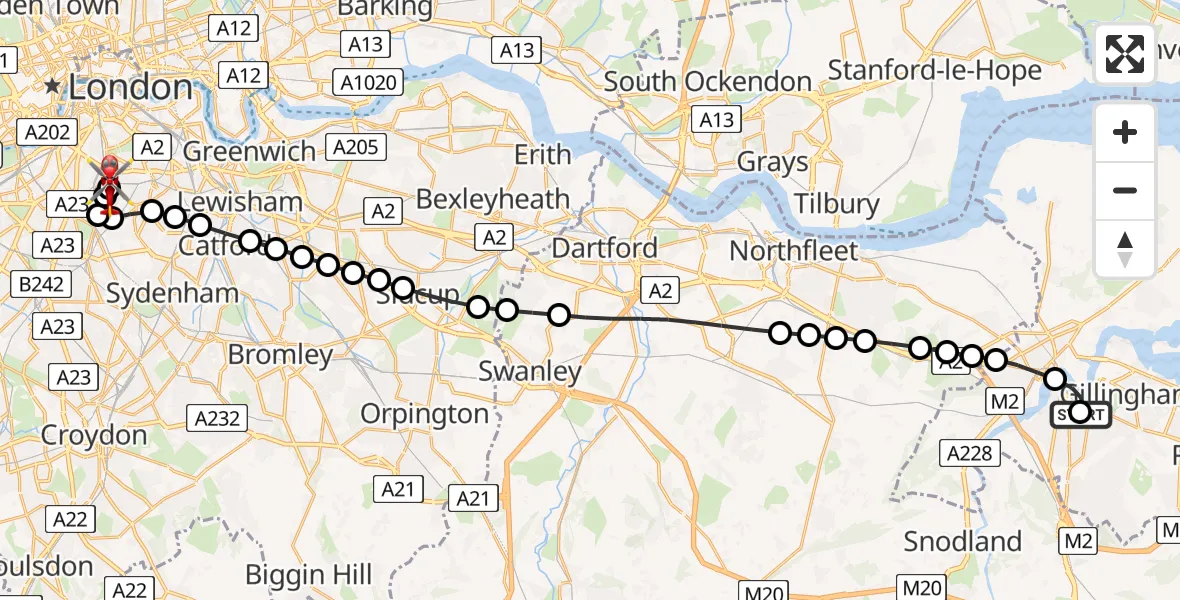 Flight route Air Ambulance Helicopter Chatham - Kings College London Hospital, 25 June 2026, 13:17