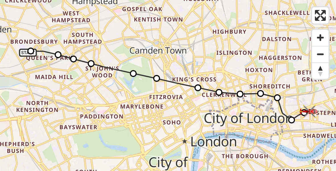 Flight route Air Ambulance Helicopter Brondesbury - Royal London Hospital, 25 June 2026, 13:23