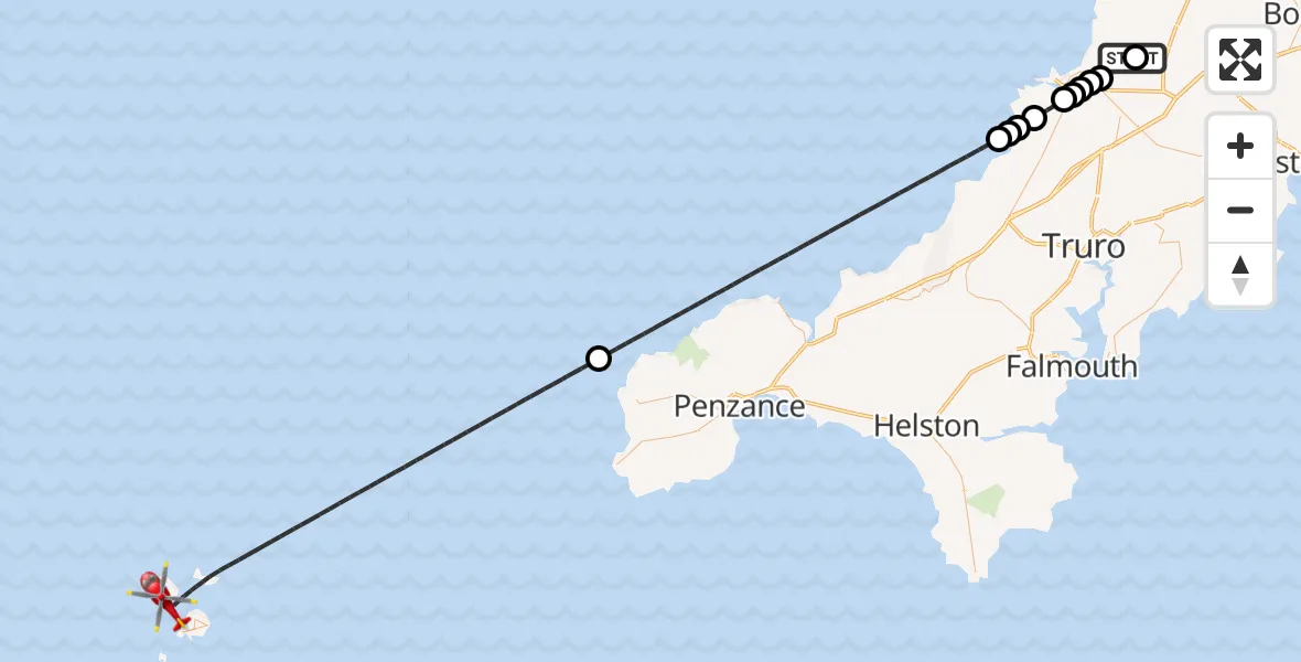 Flight route Air Ambulance Helicopter Cornwall Airport Newquay - North Atlantic Ocean, 25 June 2026, 13:25