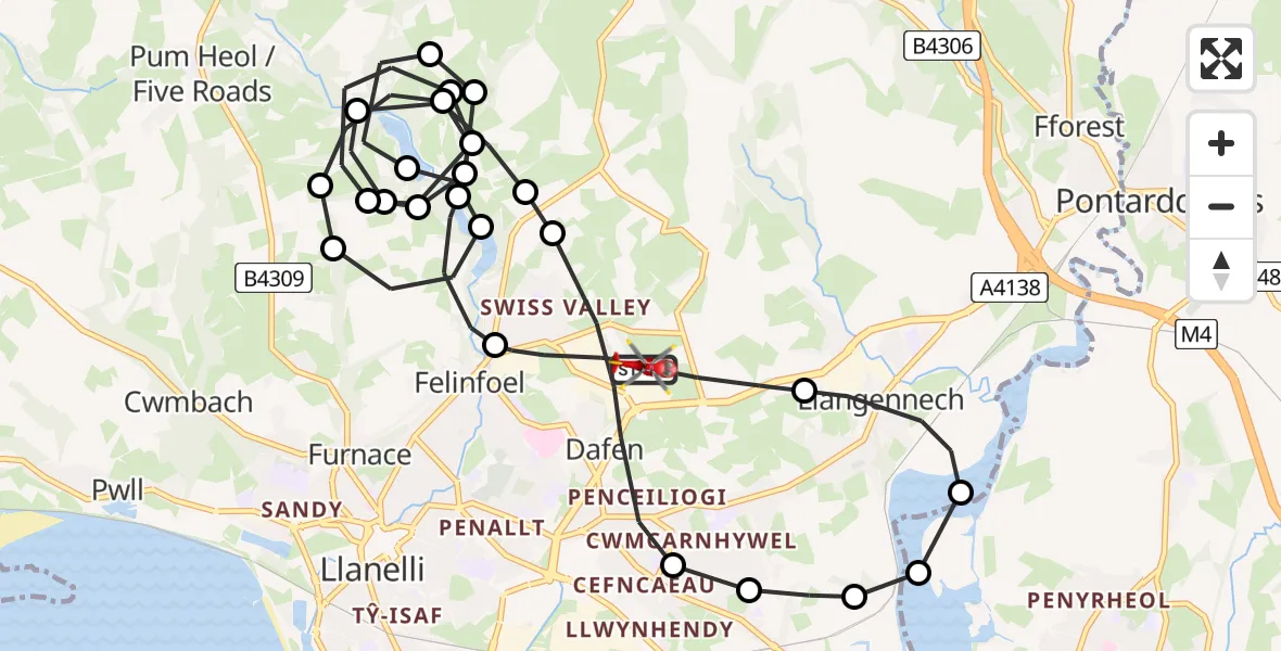 Flight route Air Ambulance Helicopter Dafen - Dafen, 25 June 2026, 13:35