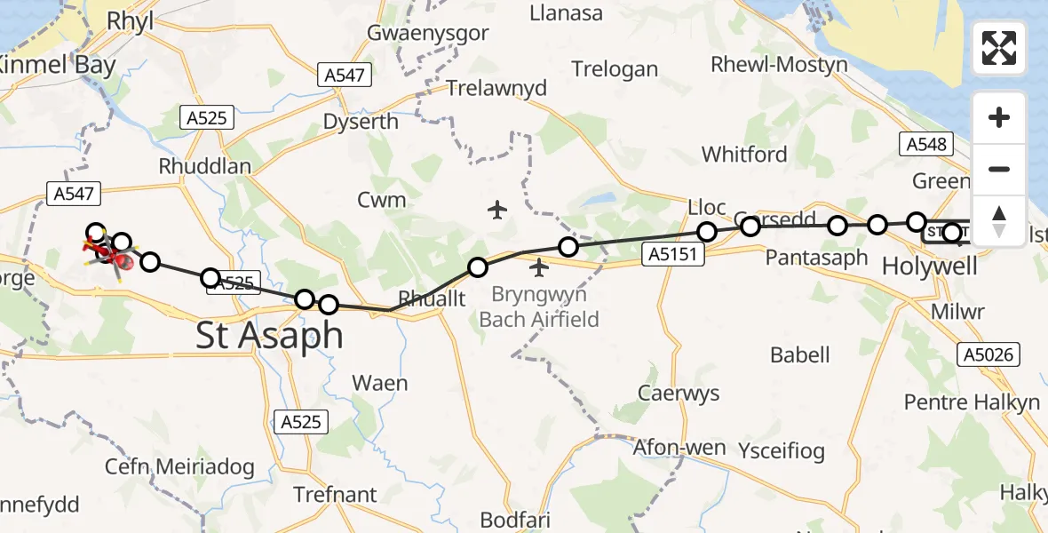 Flight route Air Ambulance Helicopter Bryn Celyn - Rhyl, 25 June 2026, 13:35