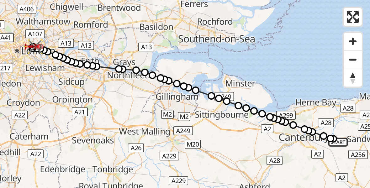 Flight route Air Ambulance Helicopter Dover - Royal London Hospital, 25 June 2026, 13:36