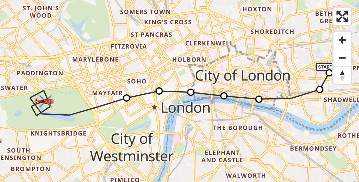 Flight route Air Ambulance Helicopter Royal London Hospital - City of Westminster, 25 June 2026, 13:39