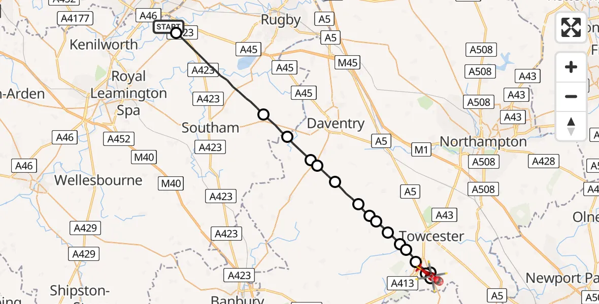 Flight route Air Ambulance Helicopter Warwick - Whittlebury, 25 June 2026, 13:41