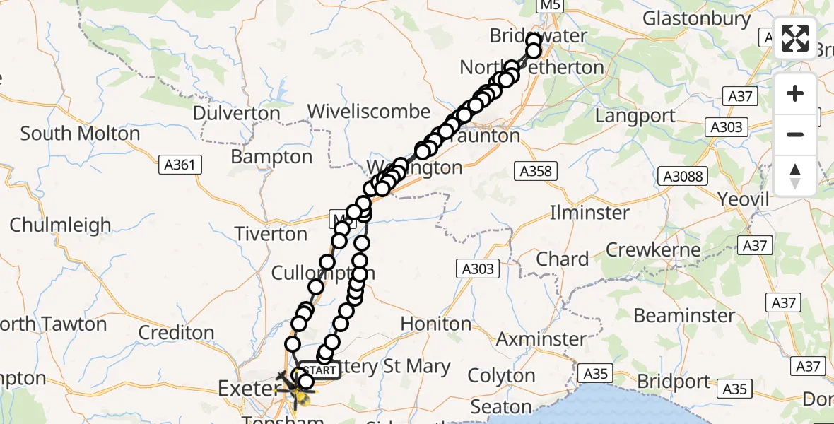 Flight route Police Helicopter Rockbeare - Clyst Honiton, 25 June 2026, 13:49