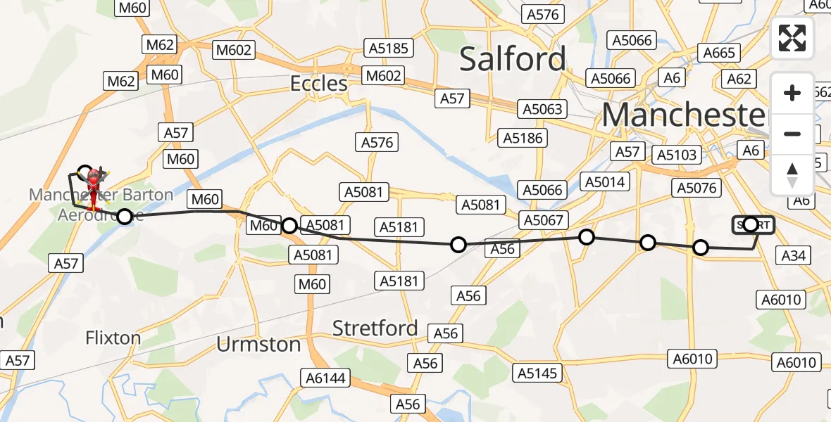Flight route Air Ambulance Helicopter Chorlton-on-Medlock - Manchester Barton Aerodrome, 25 June 2026, 14:01