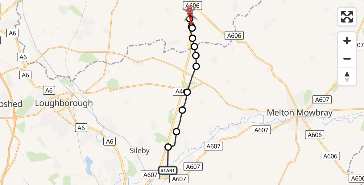 Flight route Air Ambulance Helicopter East Goscote - Rushcliffe, 25 June 2026, 14:03