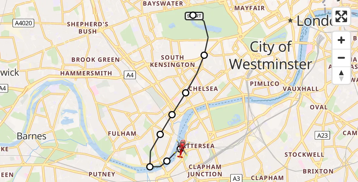 Flight route Air Ambulance Helicopter City of Westminster - London Heliport, 25 June 2026, 14:04