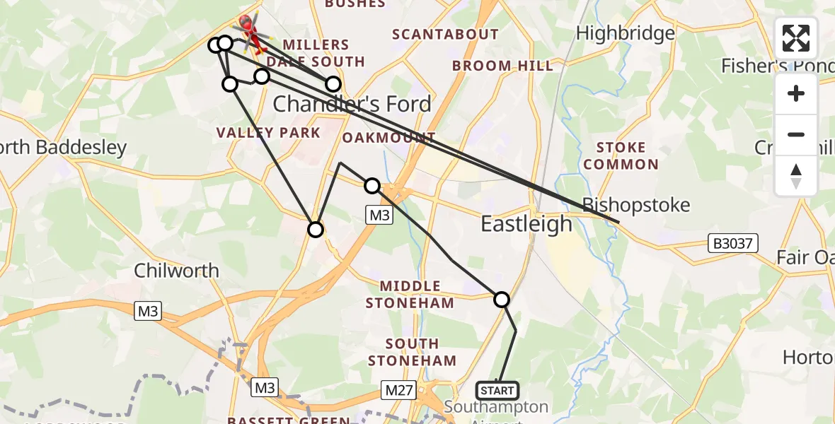 Flight route Air Ambulance Helicopter Southampton Airport - Eastleigh, 25 June 2026, 14:04