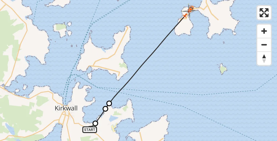 Flight route Coastguard Helicopter Kirkwall Airport - North Atlantic Ocean, 25 June 2026, 14:06