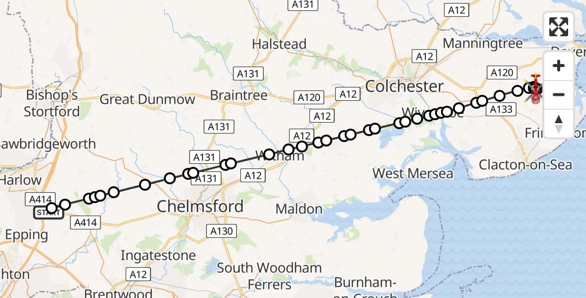 Flight route Air Ambulance Helicopter North Weald Airfield - Beaumont-cum-Moze, 25 June 2026, 14:10