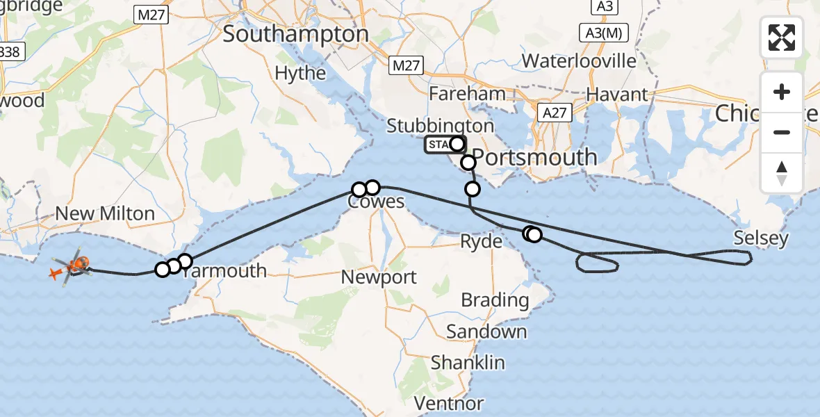 Flight route Coastguard Helicopter Solent Airport - English Channel, 25 June 2026, 14:10