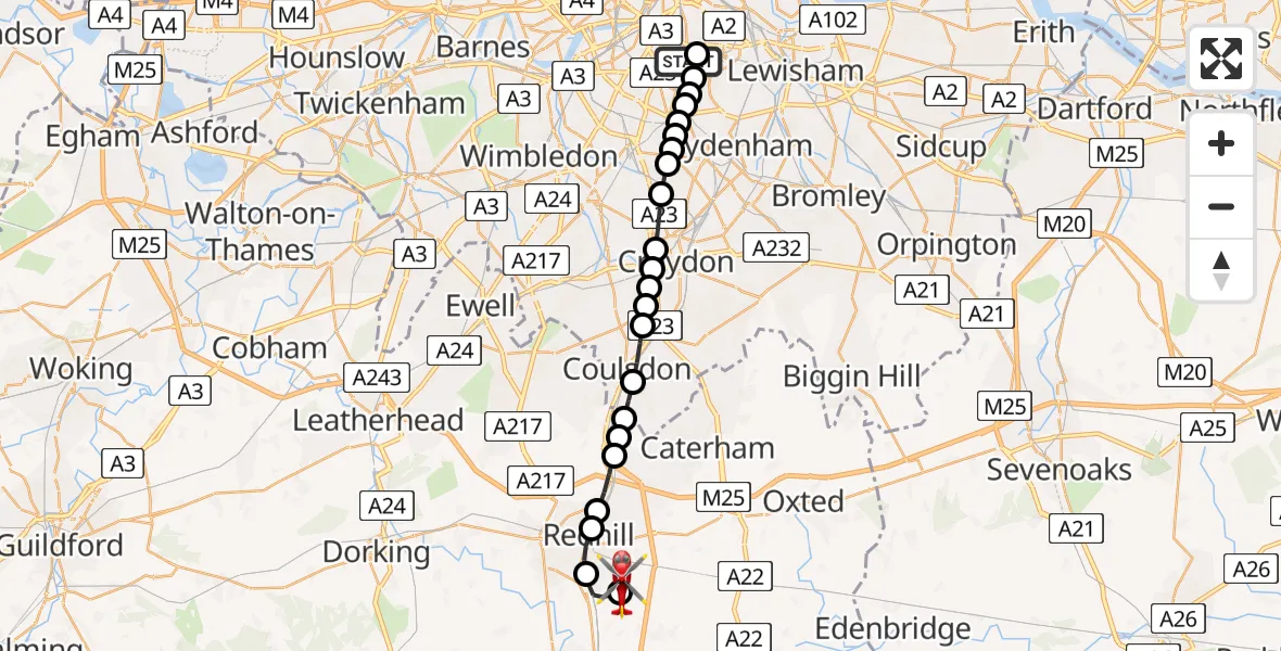 Flight route Air Ambulance Helicopter Kings College London Hospital - Redhill Aerodrome, 25 June 2026, 14:13