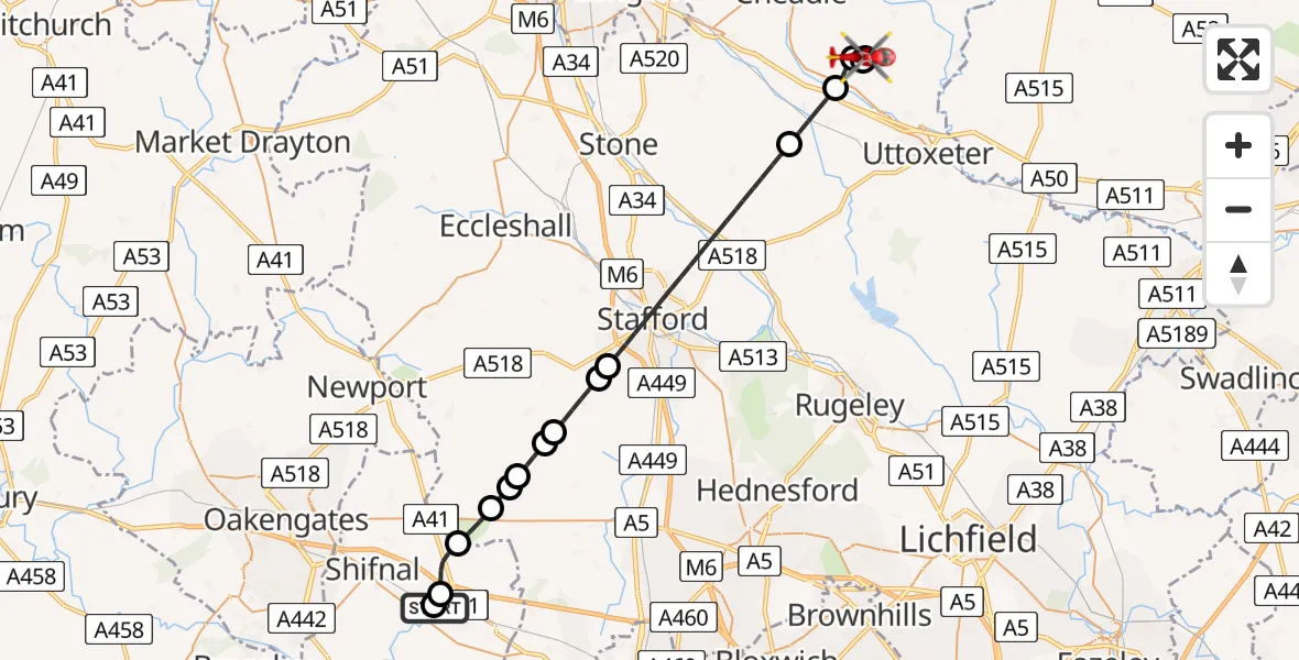Flight route Air Ambulance Helicopter RAF Cosford - Staffordshire Moorlands, 25 June 2026, 14:21