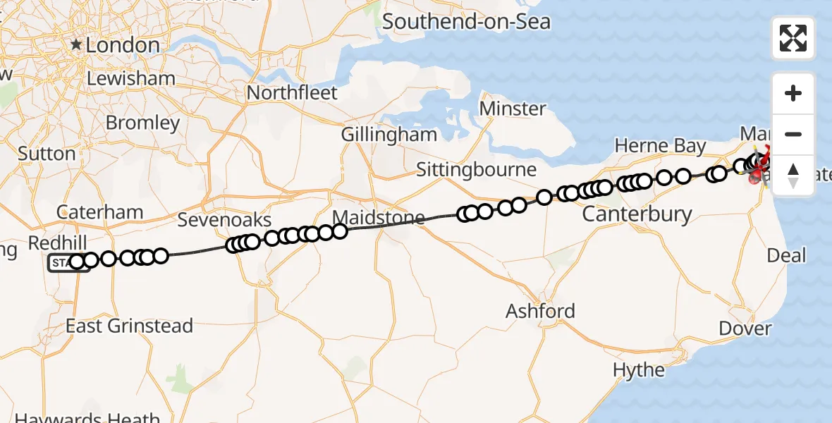 Flight route Air Ambulance Helicopter Redhill Aerodrome - Manston Airport, 25 June 2026, 14:29