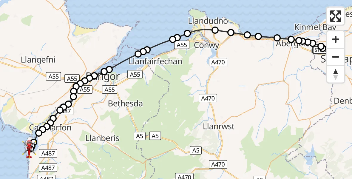 Flight route Air Ambulance Helicopter Ysbyty Glan Clywd Hospital Heliport - Caernarfon Airport, 25 June 2026, 14:31