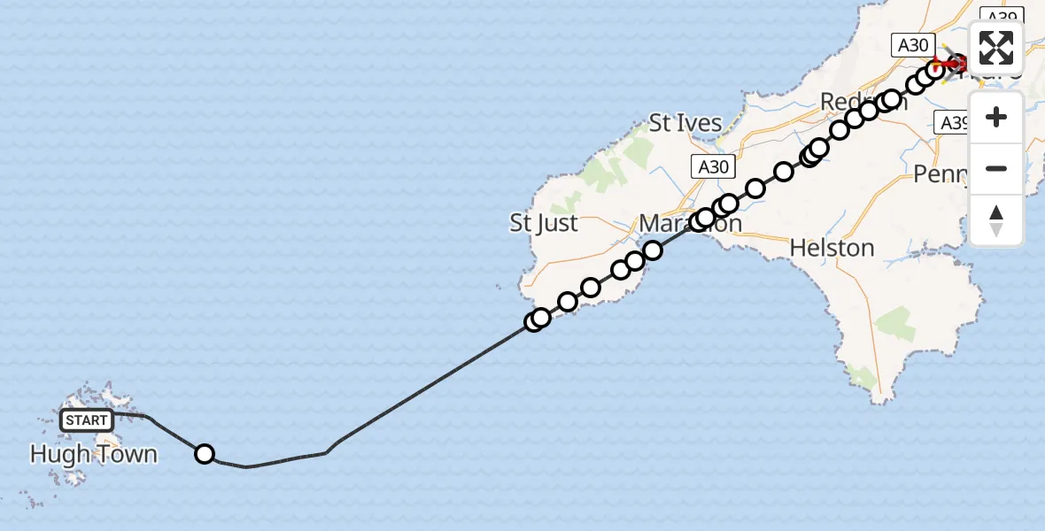 Flight route Air Ambulance Helicopter North Atlantic Ocean - Treliske Hospital, 25 June 2026, 14:40